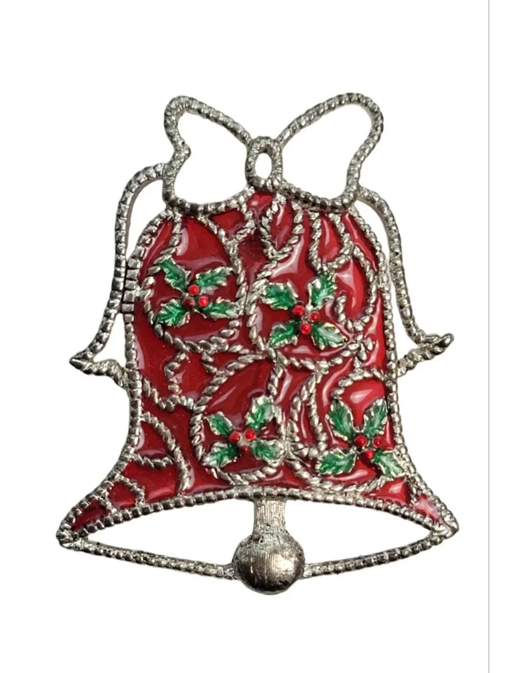 Danecraft Silvertone Red Plique A Jour Style Christmas Bell Pin Brooch, Signed